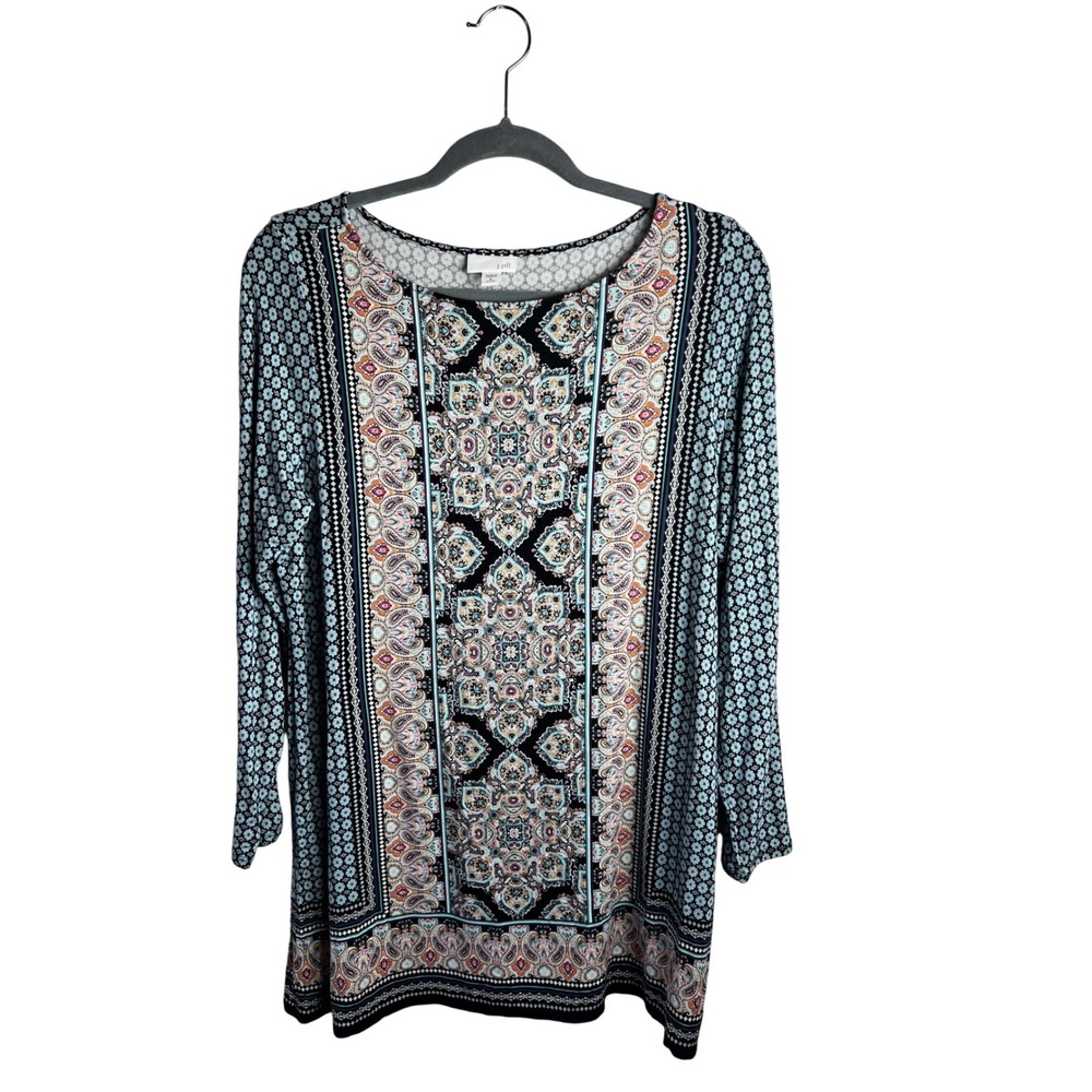J.Jill Geometric Paisley Tunic Top Size Medium Petite Blue Long Sleeves